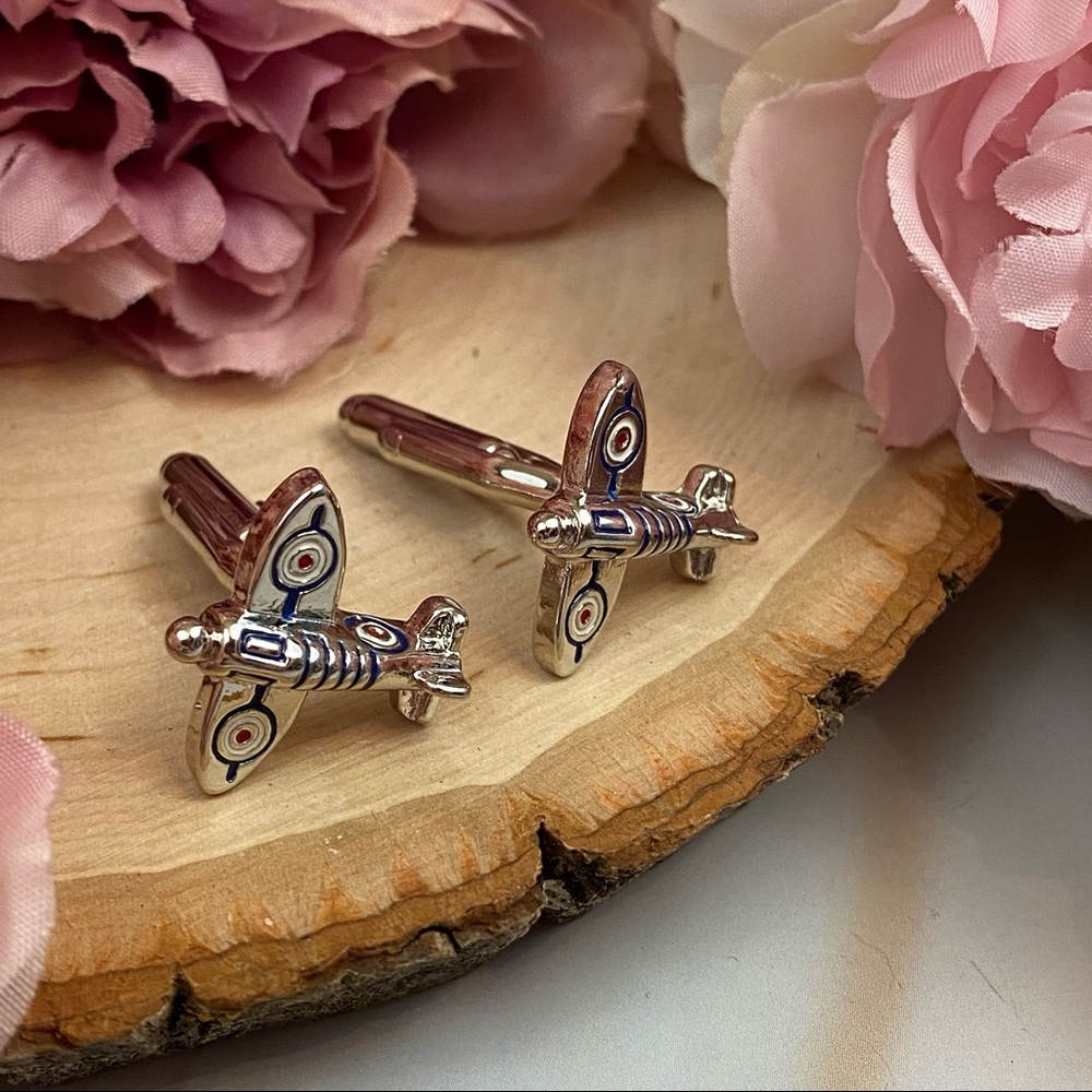 Silver Spitfire Military Airplane WWII Cufflinks - Picture 7 of 16